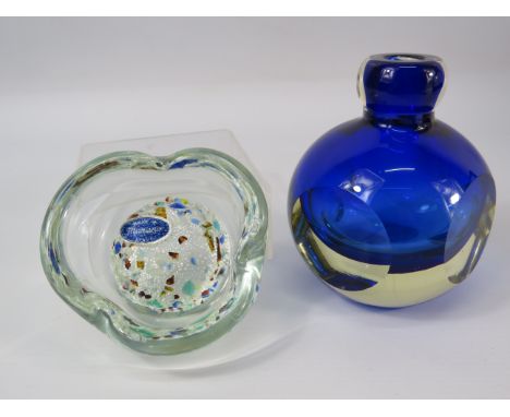 Murano Art glass bottle and small dish. The bottle measures 4.5".