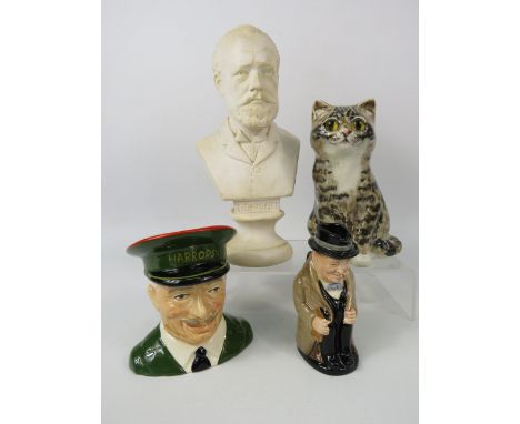 Mixed lot to include a Winstanley cat, Carlton ware harrods toby jug, Royal Doulton miniture Winston Churchill and a plaster 