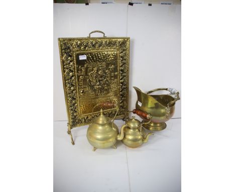 Mixed brass lot to include Fire screen, Coal bucket and Eastern style Kettles. See photos.