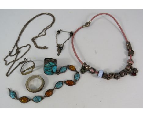 Mixed jewellery lot including a Pandora necklace and charms, large 925 silver turquoise statement ring and 925 silver amber a