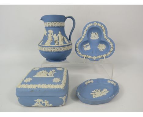 Wedgwood light blue jasperware Jug, trinket box and pin dishes.