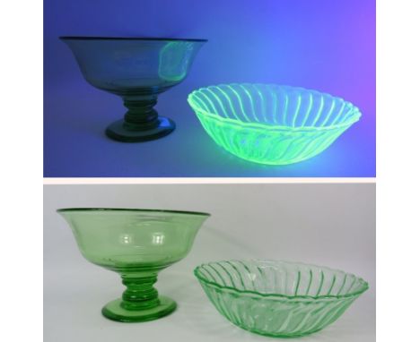 Art deco Uranium glass trifle dish plus a green glass pedastal bowl.