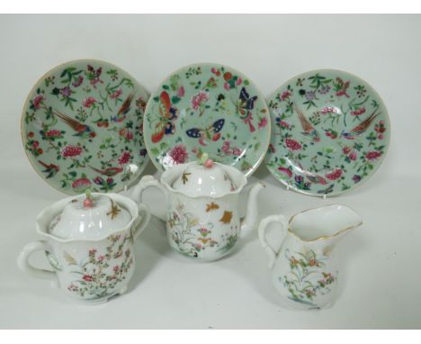 Three Chinese Celadon eggshell plates hand painted with flowers, birds and butterflies plus an eggshell tea set with hand pai