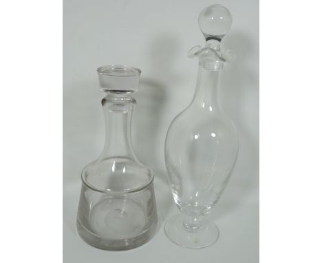 Heavy Thick wedgwood Glass Mallet shaped decanted with engraved decoration (Chip to neck) plus one other glass decanter with 