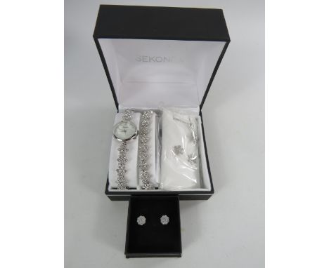 Sekonda ladies watch, bracelet, earrings and necklace set plus a pair of 925 sterling silver earrings.