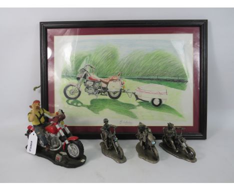 A framed drawing of a Motorbike plus 3 pewter Myth and Magic motorbike figurines ETC.