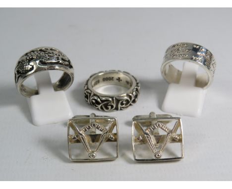 Three 925 silver rings inc David Scott Walker. Plus a pair of Masonic Cuff links.