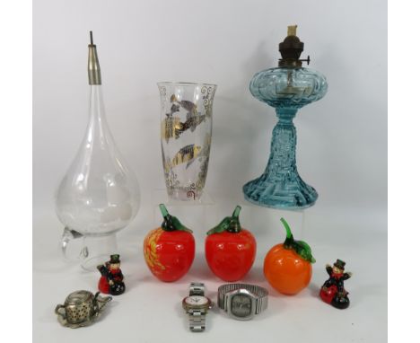 Mixed lot to include art glass fruit, Crystal wine Aerator, oil lamp and vase by Stephanie ann Middleton etc.