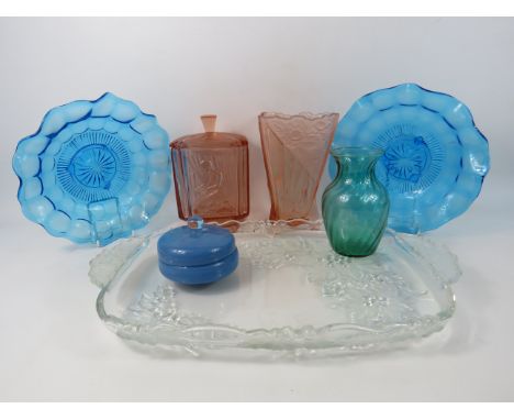 Mixed lot of vintage glass including a Art Deco Sowerby's Pandoras Box biscuit jar.