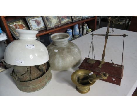 Vintage double oil burner, two vintage opaque glass shades, vintage scales and a brass pestle and motar.