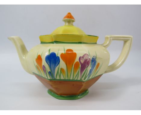 Small Clarice Cliff Bizarre Teapot in the Crocus pattern (slight chip on the spout).