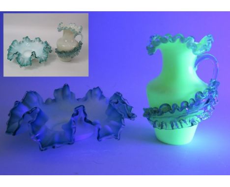 A Victorian uranium glass ruffle edge vase plus a opaline ruffle edge dish, the vase stands 5" tall.