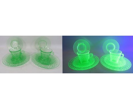 Two Art deco Uranium glass trios plus two spare saucers.