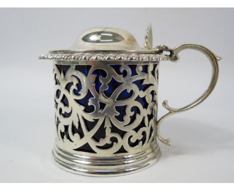 Antique Sterling silver lidded mustard pot with bristol blue glass liner, Robert Harper London 1864. Silver weight 141.2 gram