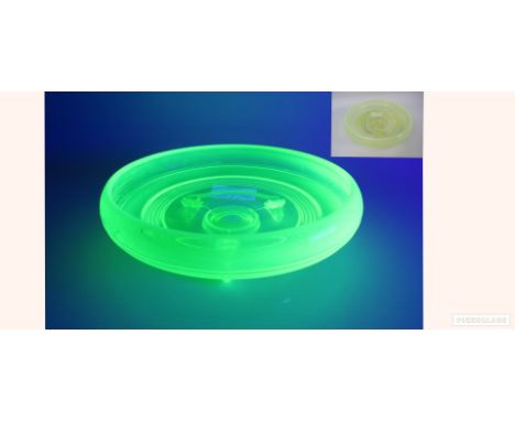Fenton 100 line vaseline uranium glass three footed dish, 6 1/4" diameter.