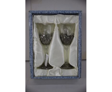 Pair of Boxed Royal Selangor wine goblets approx 8 inches tall. See photos. 