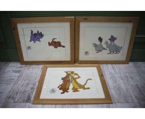 Trio of  Movie film cells from 'The Aristocats'  Each has Disney authenticity stamp. Each framed and mounted under glass.  No