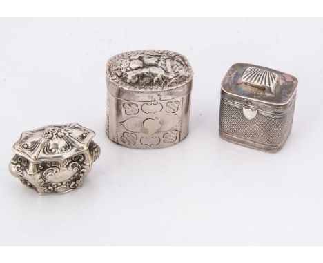 Three small 19th century silver boxes, tallest 4.5cm, AF (3)