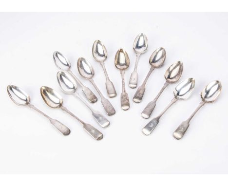 A set of twelve Victorian Irish silver fiddle pattern teaspoons by WC, each with engraved initial D, Dublin 1870, 10.36 ozt