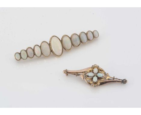 Two precious opal brooches, including a yellow metal marked example with 333, quatrefoil centre, within a seed pearl petal bo