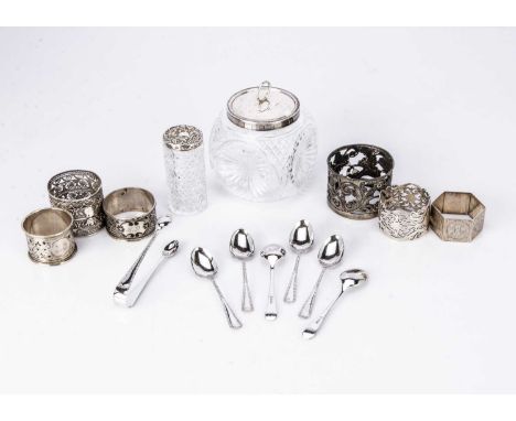 A small group of silver and white metal items, including a nice cut glass pot with silver rim and lid, a set of six silver te