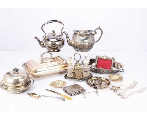 A collection of silver plate, also a damaged silver baby's rattle and a silver mounted small photograph frame, one box