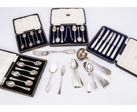 A collection of 19th and 20th century silver teaspoons and other flatware, including a cased set of six mop handled butter kn