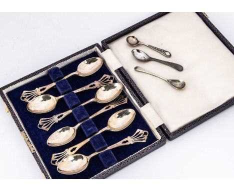 A set of six 1970s silver teaspoons, in case, 2.28 ozt, with three plated salt spoons (10)