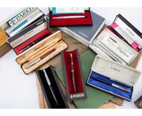 A collection of twenty three modern Parker fountain pens, all boxed or cased, including a gold coloured Parker 180, a red Par