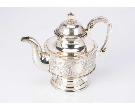 A c1920s Russian teapot, with bone finial and spacers, marked to base for Moscow, 12.4 ozt and 15.5cm high