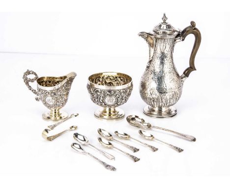 A Victorian silver hot water pot and other silver items, AF, including a Victorian sugar basin and milk jug, a pair of tongs 