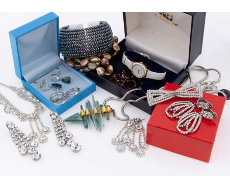 A collection of silver and other costume jewels, including contemporary silver and glass pendants and chains by Langam of Ger