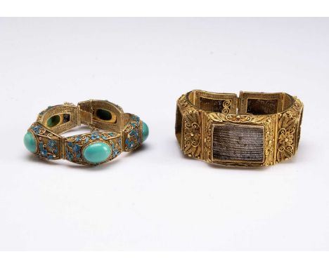 A Chinese silver gilt and turquoise bracelet, with enamel decoration, 19 cm long together with another silver gilt fligree br