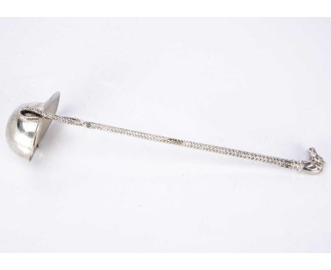 A nice silver plated novelty ladle, 39cm long, modelled as a horse riding whip and having jocket cap bowl