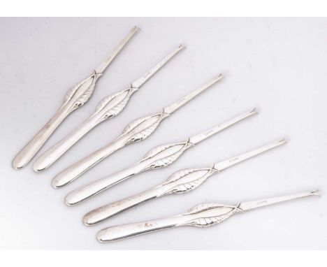 A set of six silver lobster picks by Georg Jensen, 7.87 ozt, with marlin style fish to sides (6)