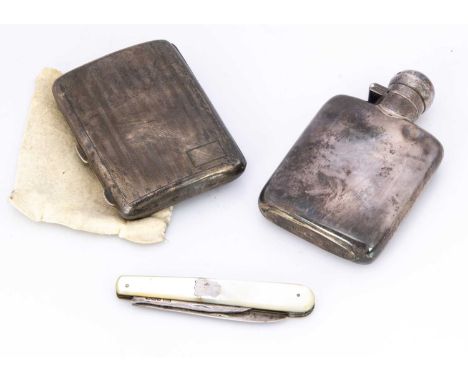 Three small collectable items of silver, including a silver and mop pocket fruit knife, a small hipflask by James Dixon & Son