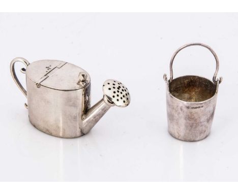 Two miniature silver dolls' house gardening items, one being a bucket, 5cm high with handle raised, with import marks, the ot