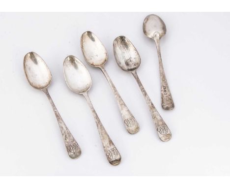 A set of five George III silver teaspoons, Old English pattern, 3 ozt