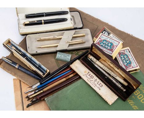 A small collection of  fountain pens and retractable pencils and related items, including a silver plated 'Yard 'O' Lead' ret