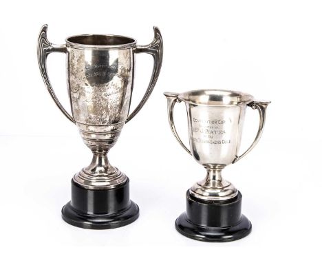 Two mid 20th century silver presentation trophy cups, 12.3 ozt, each with black stand and engraved for a Townswomen's Guild (