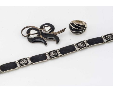 A David Andersen of Norway silver and enamel braceler, a David Andersen silver and enamel ring, and a Norwegian silver and en