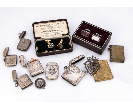 Five Victorian and later silver vesta cases and other items, one marked London Opera House, together with a silver heart broo