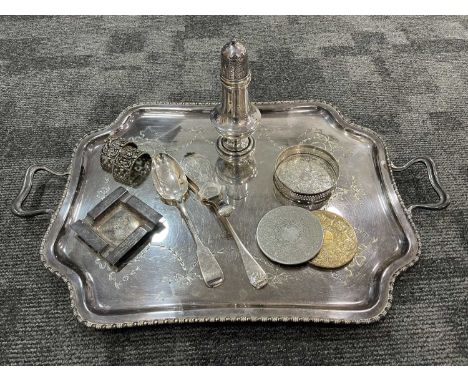 A collection of silver plated items, including two large trays, a part canteen of cutlery, other cutlery and more, one large 
