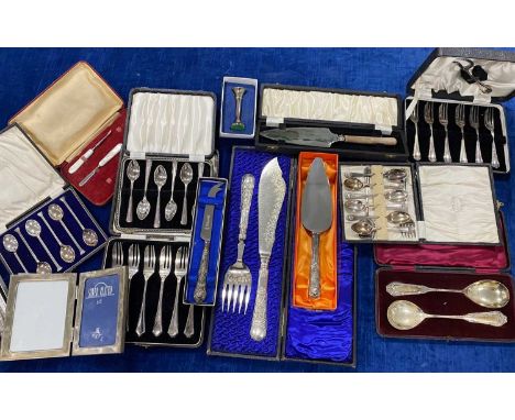 A collection of boxed silver plated flatware and other silver plated cutlery, also two silver handled knives in boxes