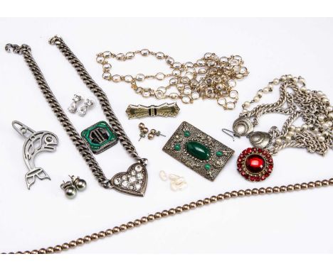 A small collection of silver and costume jewels, including a rectangular brooch, marked Czechoslovakia, a silver plated and p