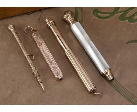 Three small Victorian and later gold pencils and a gold plated example, AF, one telescopic example, another cased pencil, and