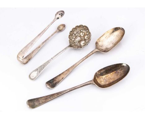 A pair of George III silver tablespoons, together with a Scottish silver berry sifter spoon and a pair of Victorian silver su