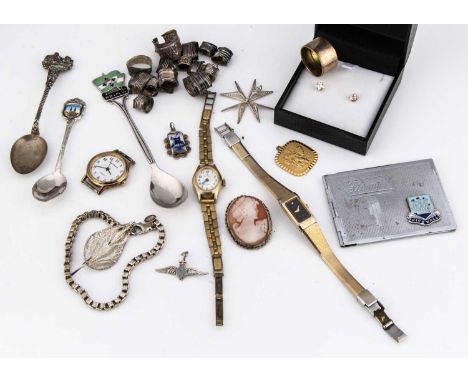 A pair of 9ct gold and star cut paste ear studs, together with a small collection of silver spoons, a carved shell cameo, var