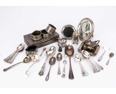 A collection of Victorian and 20th century silver items, including a silver cigarette box, two small silver photograph frames