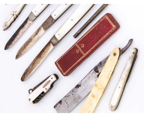 Three Georgian and later silver and mother of pearl pocket fruit knives and seven other items, one knife, 15.7cm when open, h